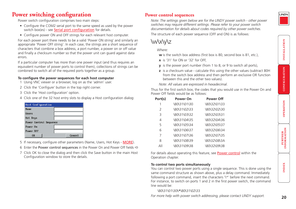 Power switching configuration, Configure the power strings, Power switching | Configuration, Section within the configuration chapter, W\x\y\z, Power control sequences | Lindy CPU IP Access Switch Plus User Manual | Page 21 / 64