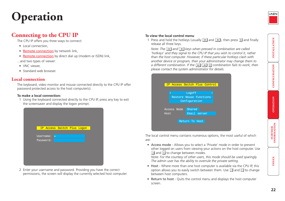 Operation, Connecting to the cpu ip, Local connection | Computer, Contact with the cpu ip – see, Connecting to the | Lindy CPU IP Access Switch Plus User Manual | Page 23 / 64