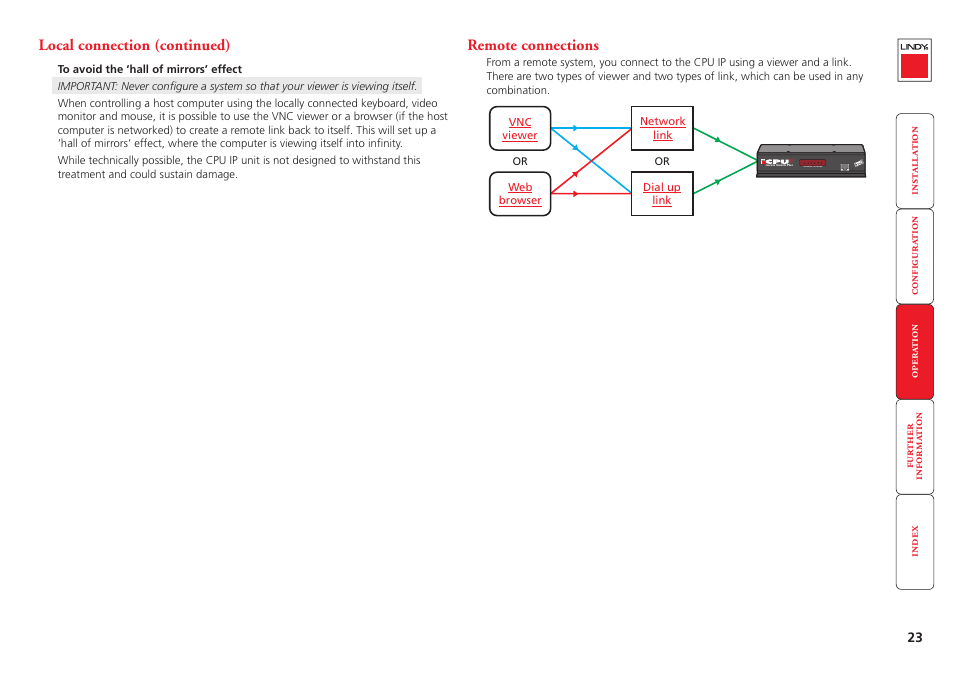 Remote connections, Remote connection, By network link | By dir, Local connection (continued) | Lindy CPU IP Access Switch Plus User Manual | Page 24 / 64