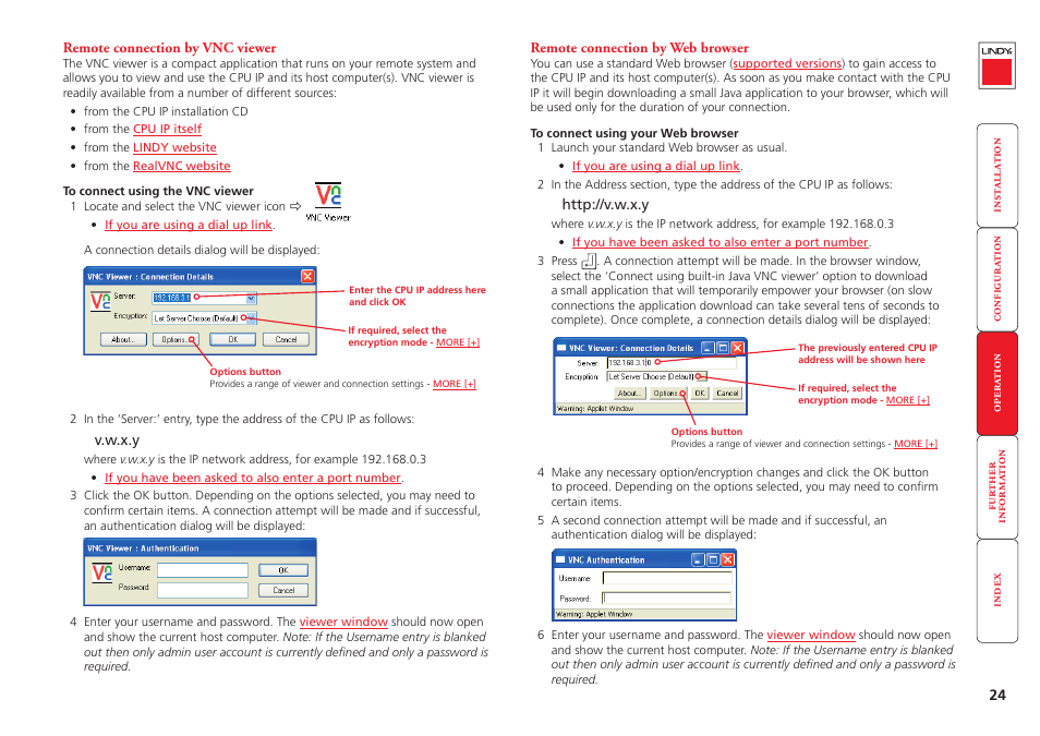 Remote connection by vnc viewer, Remote connection by web browser, 24 remote connection by web browser | Remote connection, Log on as the admin user and access the, Viewer, Network, Link, Browser | Lindy CPU IP Access Switch Plus User Manual | Page 25 / 64