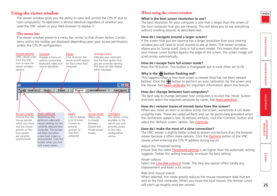 Using the viewer window, The menu bar, When using the viewer window | 25 when using the viewer window, Viewer window, Should now open | Lindy CPU IP Access Switch Plus User Manual | Page 26 / 64