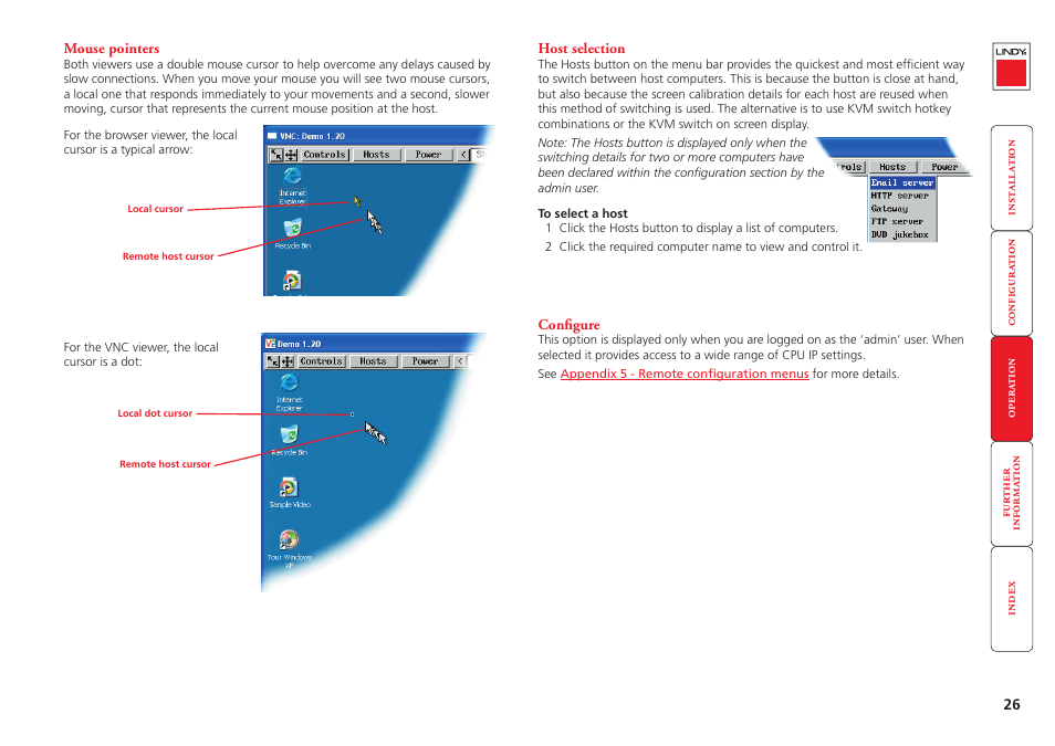 Mouse pointers, Host selection, Configure | 26 host selection, 26 configure, Auto calibrate, Hosts | Lindy CPU IP Access Switch Plus User Manual | Page 27 / 64