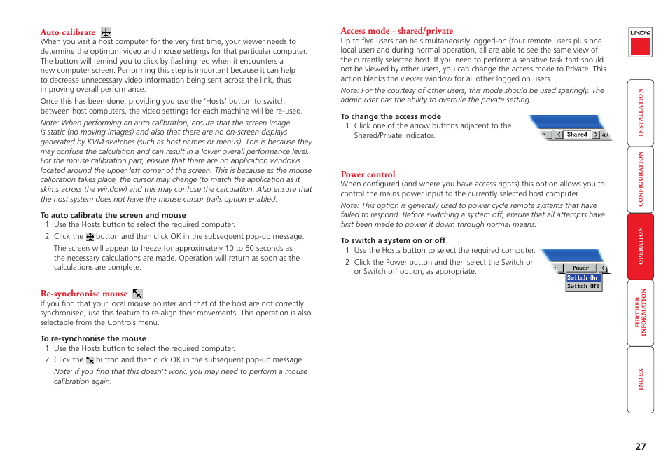 Auto calibrate, Re-synchronise mouse, Access mode - shared/private | Power control, 27 power control, Operate remote power switching, Re-sync mouse, Access mode, Power, For important information about this featur | Lindy CPU IP Access Switch Plus User Manual | Page 28 / 64