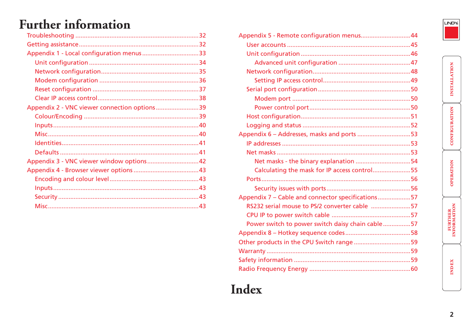 Further information, Index | Lindy CPU IP Access Switch Plus User Manual | Page 3 / 64