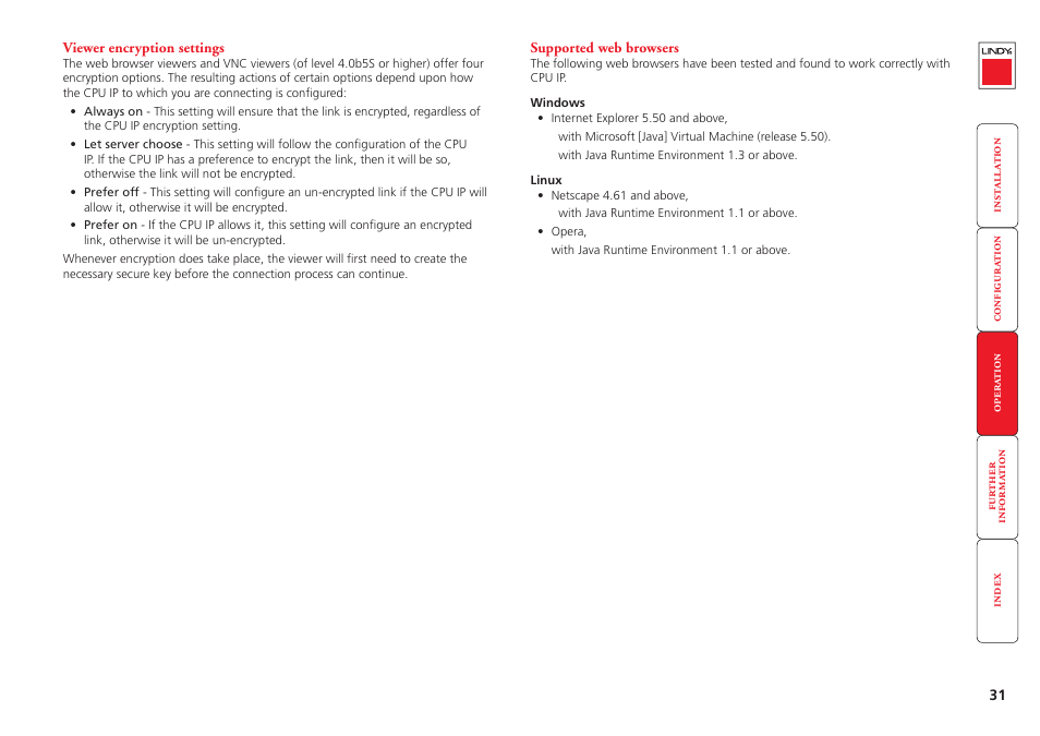 Viewer encryption settings, Supported web browsers, 31 supported web browsers | Supported versions, To gain access to, More, Encryption mode - more | Lindy CPU IP Access Switch Plus User Manual | Page 32 / 64