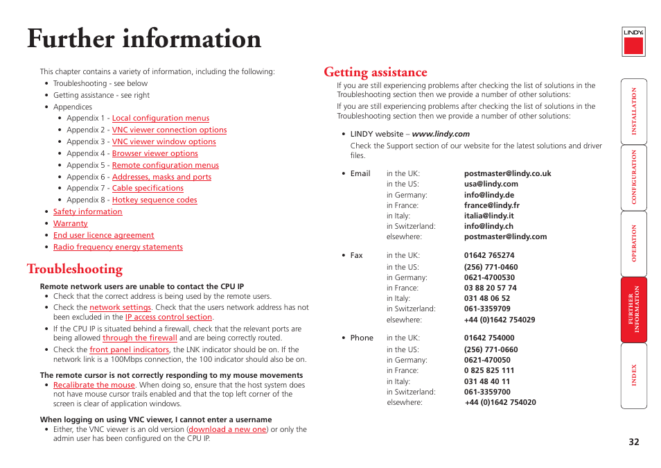 Further information, Troubleshooting, Getting assistance | 32 getting assistance, Switch | Lindy CPU IP Access Switch Plus User Manual | Page 33 / 64