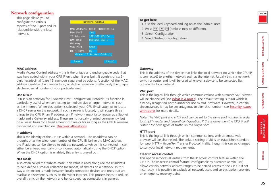 Network configuration, Local, Check the | Network settings | Lindy CPU IP Access Switch Plus User Manual | Page 36 / 64