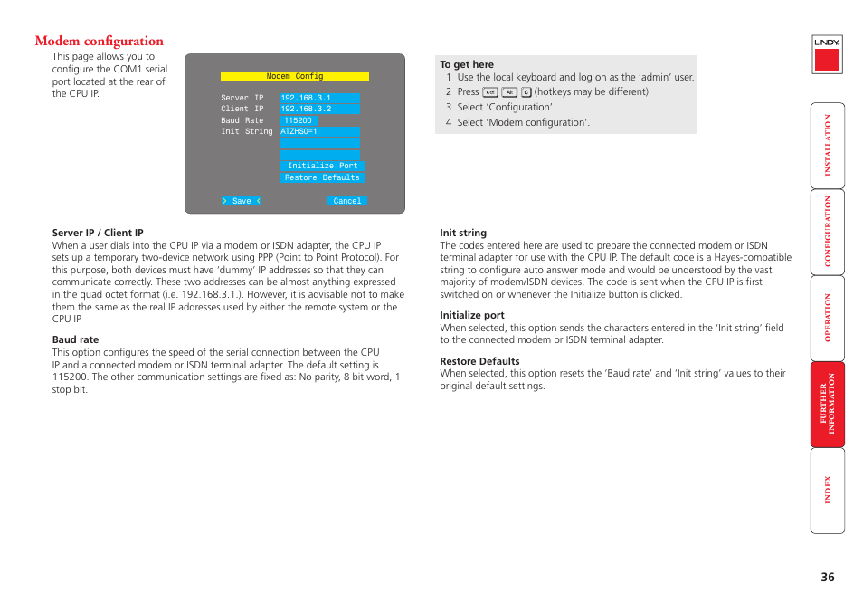 Modem configuration | Lindy CPU IP Access Switch Plus User Manual | Page 37 / 64