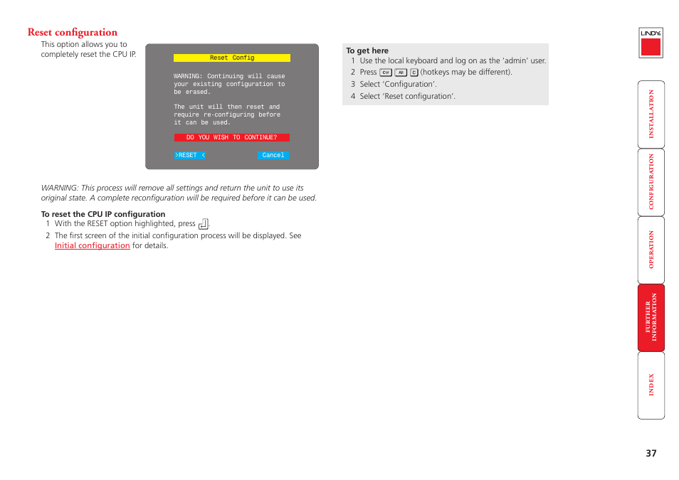 Reset configuration | Lindy CPU IP Access Switch Plus User Manual | Page 38 / 64