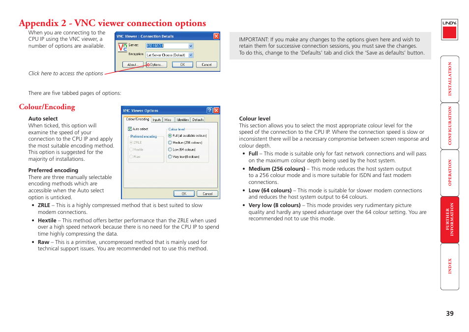 Appendix 2 - vnc viewer connection options, Colour/encoding, Ovides a range of viewer and connection settings | More, E options. click the, Options, Button of the vnc, Low (64 colours), Vnc viewer connection options | Lindy CPU IP Access Switch Plus User Manual | Page 40 / 64