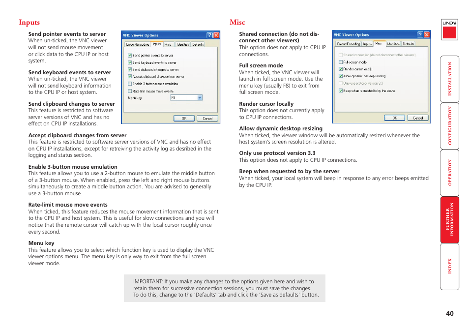 Inputs, Misc, 40 misc | Lindy CPU IP Access Switch Plus User Manual | Page 41 / 64