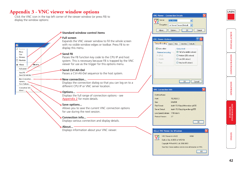 Appendix 3 - vnc viewer window options, Viewer options, Vnc viewer window options | Lindy CPU IP Access Switch Plus User Manual | Page 43 / 64