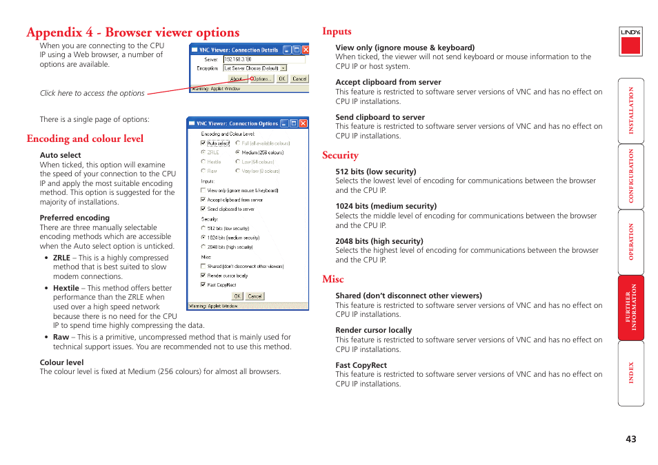 Appendix 4 - browser viewer options, Encoding and colour level, Inputs | Security, Misc, 43 inputs, 43 security, 43 misc, Ovides a range of viewer and connection settings, More | Lindy CPU IP Access Switch Plus User Manual | Page 44 / 64