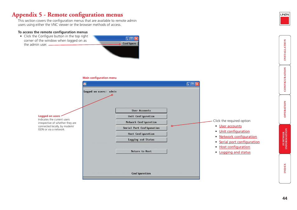 Appendix 5 - remote configuration menus, Appendix 5, Remote configuration menus | Configure | Lindy CPU IP Access Switch Plus User Manual | Page 45 / 64