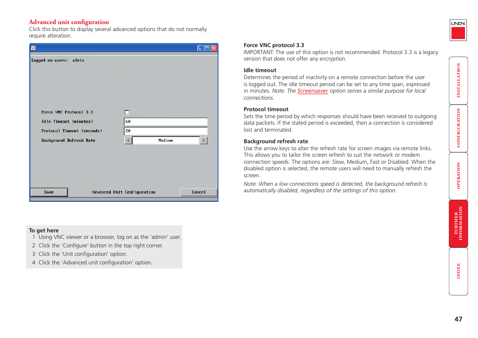 Advanced unit configuration, Remote configuration, Idle timeout | Option ser | Lindy CPU IP Access Switch Plus User Manual | Page 48 / 64