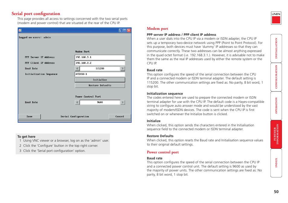 Serial port configuration, Modem port, Power control port | 50 power control port, Switch box(es) - see | Lindy CPU IP Access Switch Plus User Manual | Page 51 / 64