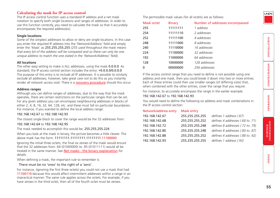 Calculating the mask for ip access control, Mask, And select the appr | Lindy CPU IP Access Switch Plus User Manual | Page 56 / 64