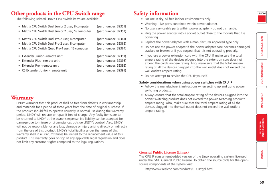 Other products in the cpu switch range, Warranty, Safety information | 59 warranty, 59 safety information | Lindy CPU IP Access Switch Plus User Manual | Page 60 / 64