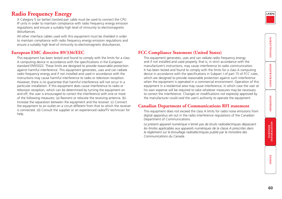 Radio frequency energy, Radio frequency energy statements | Lindy CPU IP Access Switch Plus User Manual | Page 61 / 64