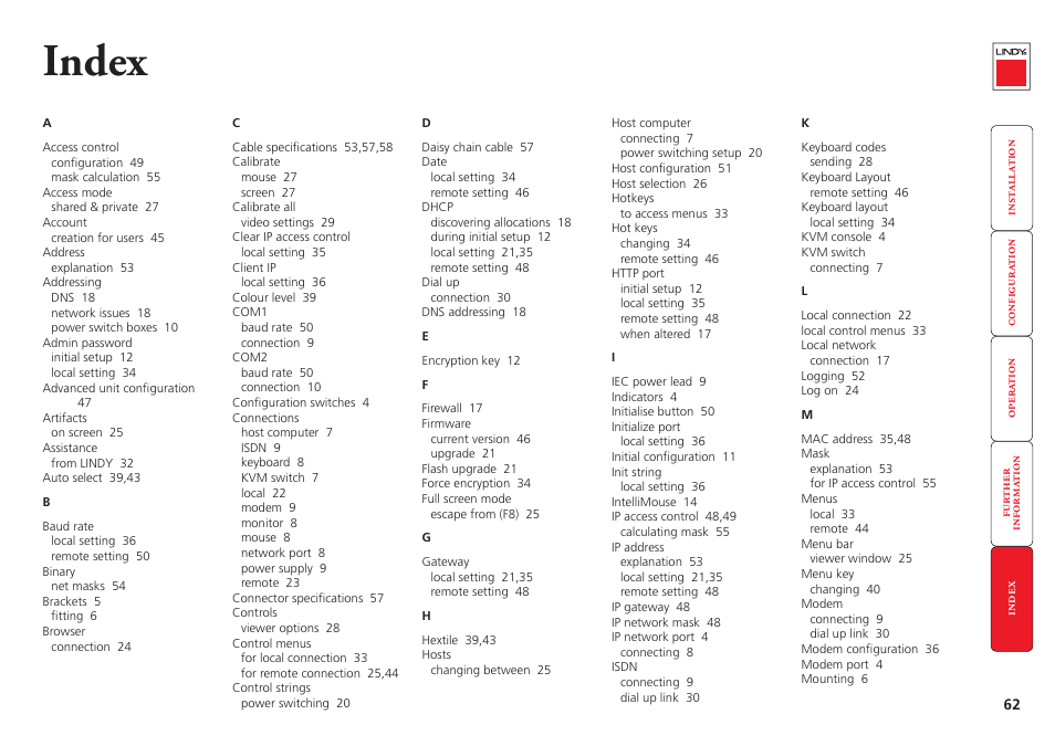 Index | Lindy CPU IP Access Switch Plus User Manual | Page 63 / 64