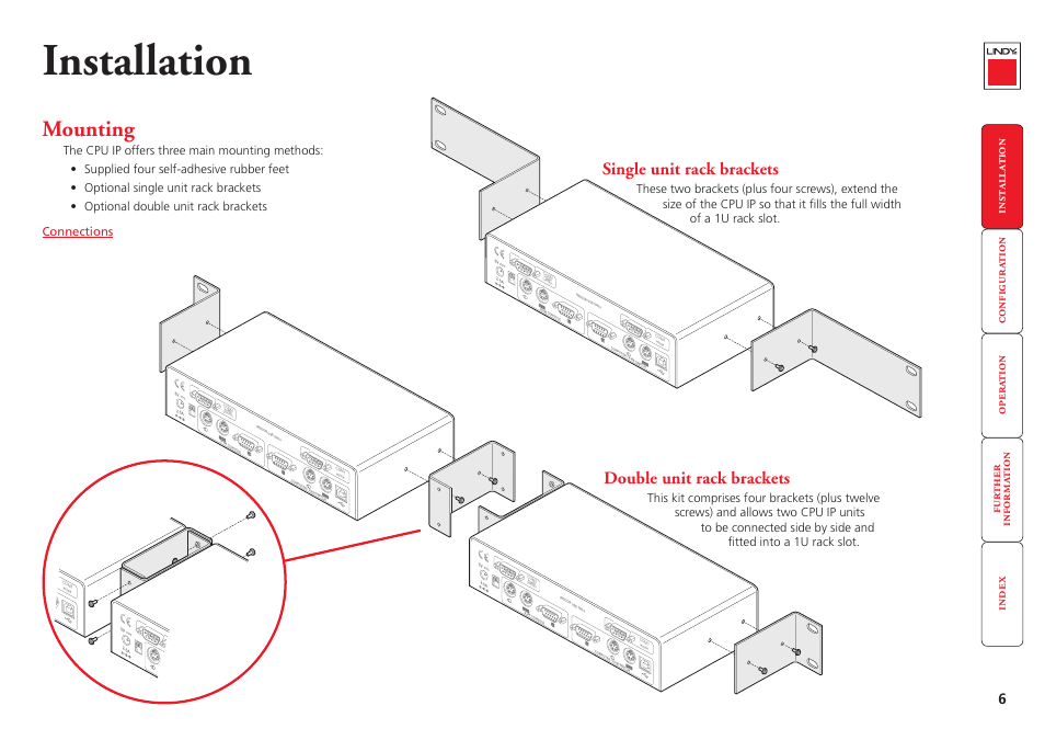 Installation, Mounting, Single unit rack brackets | Double unit rack brackets, 12 on | Lindy CPU IP Access Switch Plus User Manual | Page 7 / 64