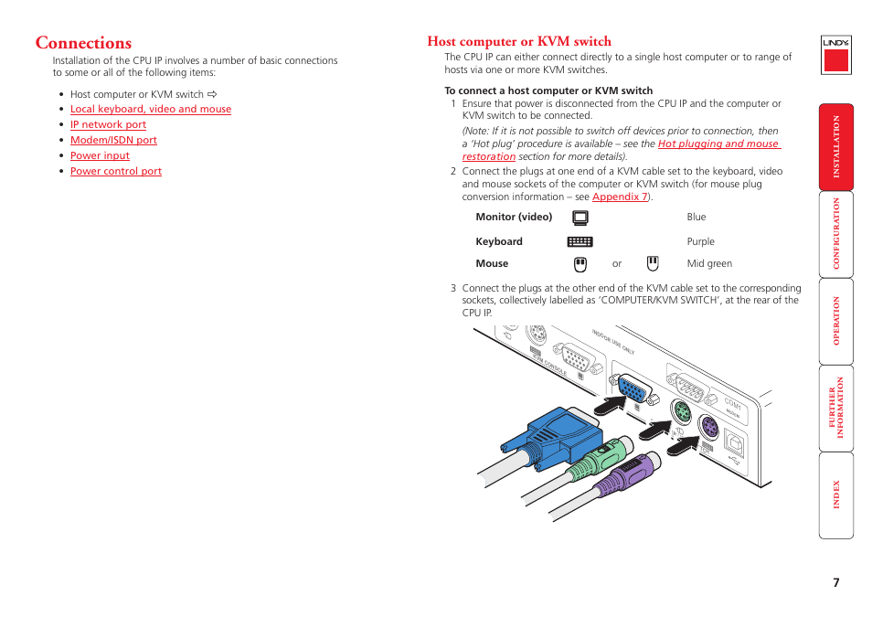 Connections, Host computer or kvm switch | Lindy CPU IP Access Switch Plus User Manual | Page 8 / 64