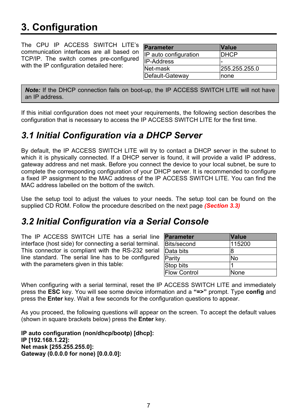 Configuration, 1 initial configuration via a dhcp server, 2 initial configuration via a serial console | Lindy 39405 User Manual | Page 11 / 67