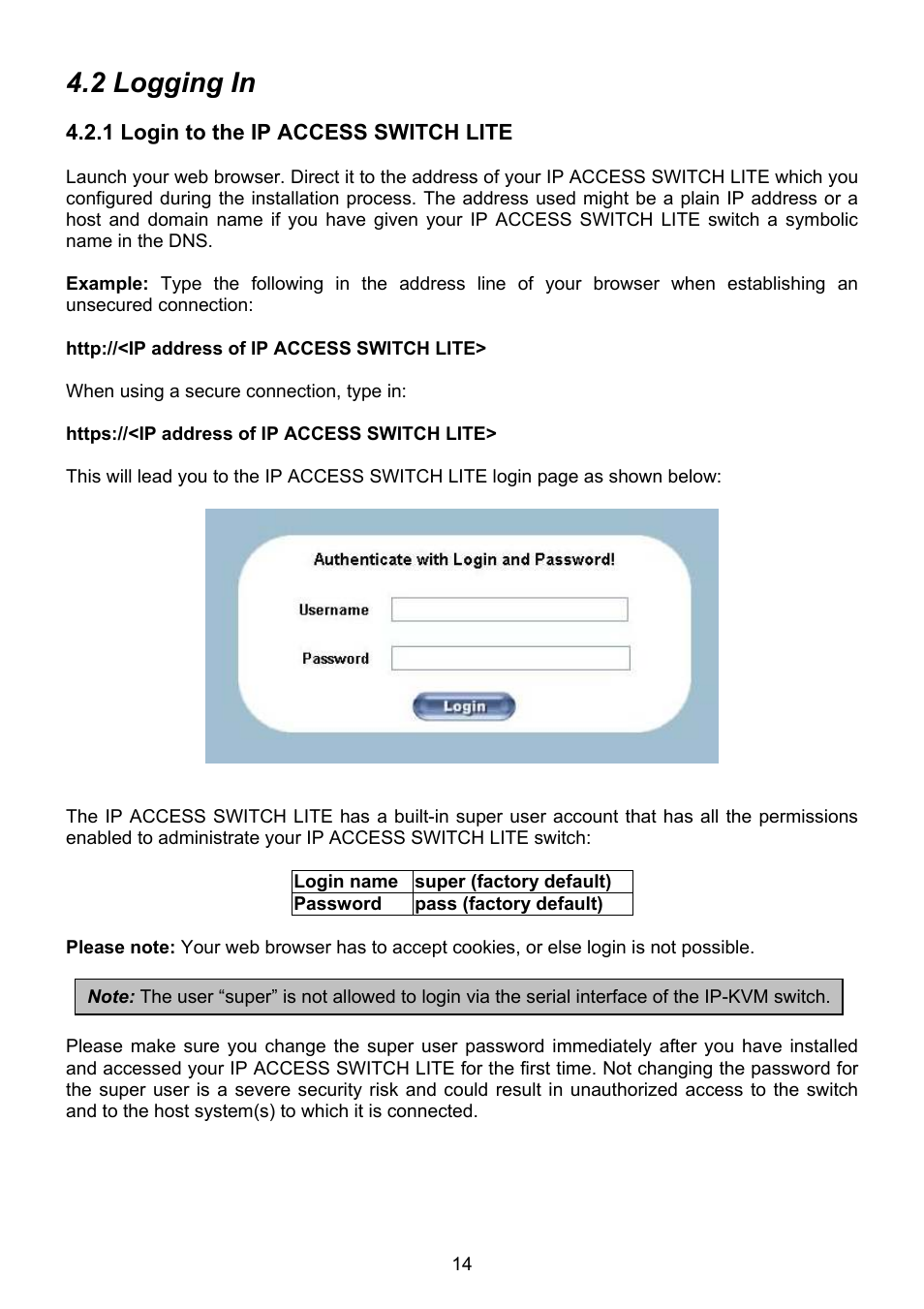 2 logging in, 1 login to the ip access switch lite | Lindy 39405 User Manual | Page 18 / 67
