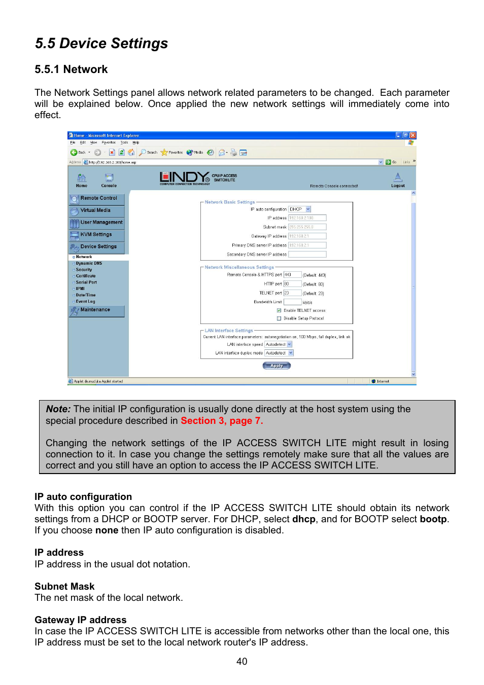 5 device settings, 1 network | Lindy 39405 User Manual | Page 44 / 67