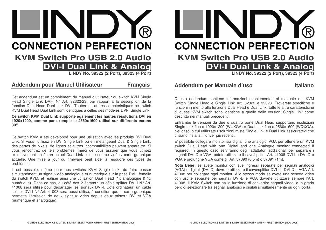 Addendum pour manuel utilisateur français, Addendum per manuale d’uso italiano | Lindy 39322 User Manual | Page 2 / 2