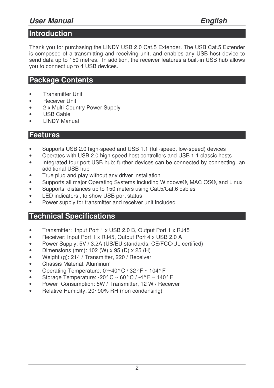 User manual english, Introduction, Package contents | Features, Technical specifications | Lindy 42791 User Manual | Page 2 / 5