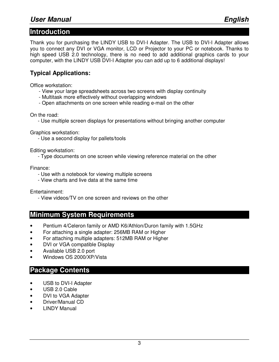 User manual english, Introduction, Minimum system requirements | Package contents | Lindy USB to DVI-I Adapter 42883 User Manual | Page 3 / 8