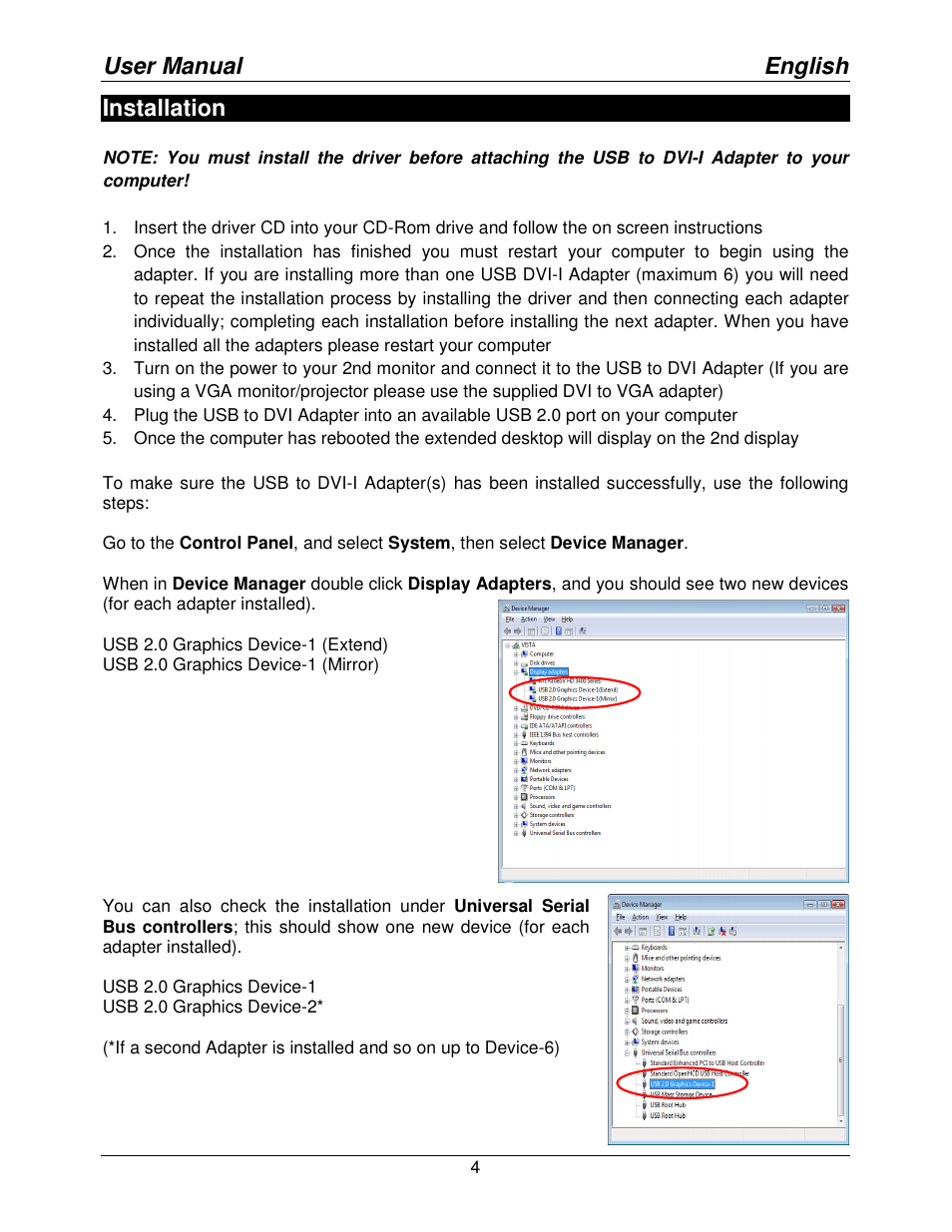 User manual english, Installation | Lindy USB to DVI-I Adapter 42883 User Manual | Page 4 / 8