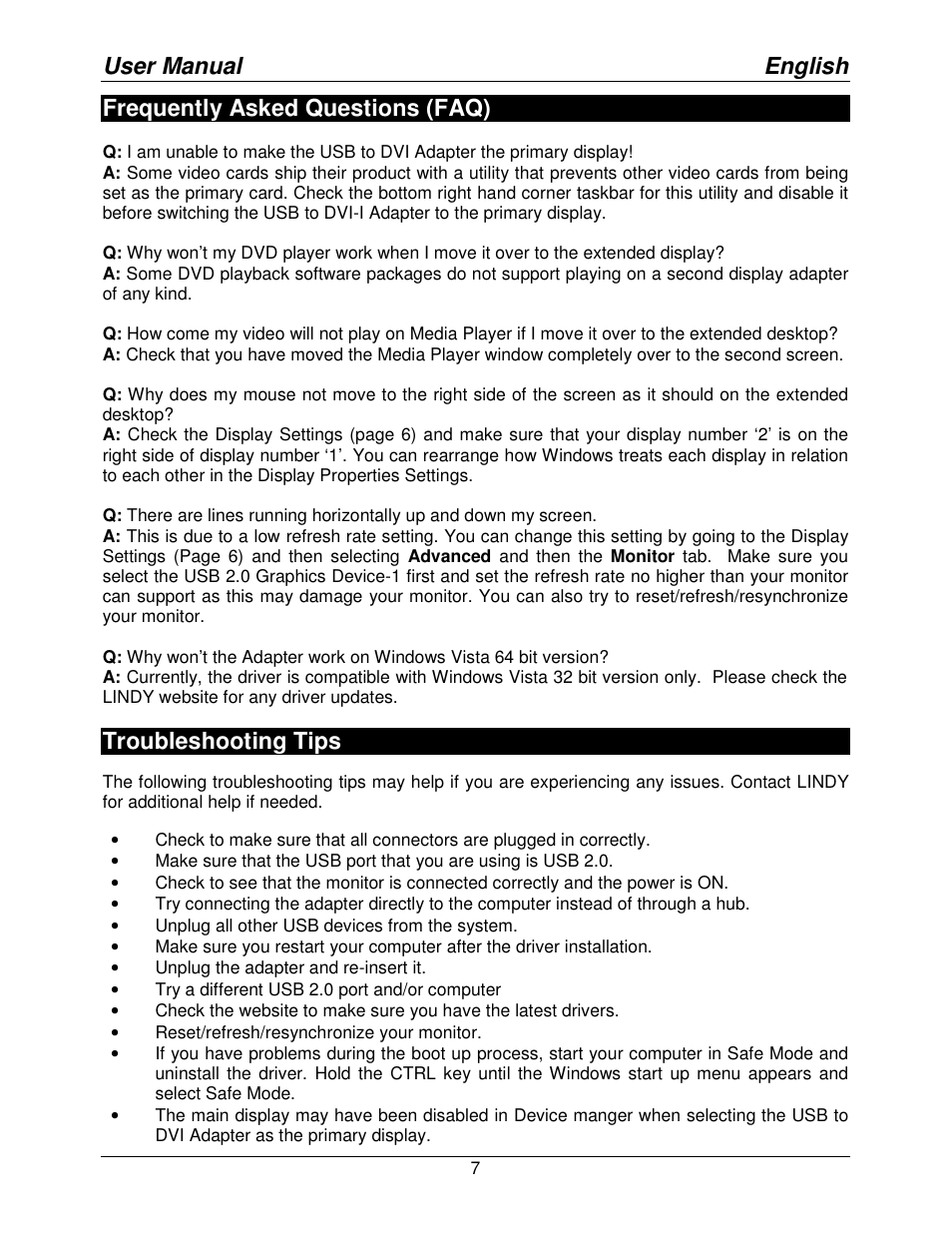 User manual english, Frequently asked questions (faq), Troubleshooting tips | Lindy USB to DVI-I Adapter 42883 User Manual | Page 7 / 8