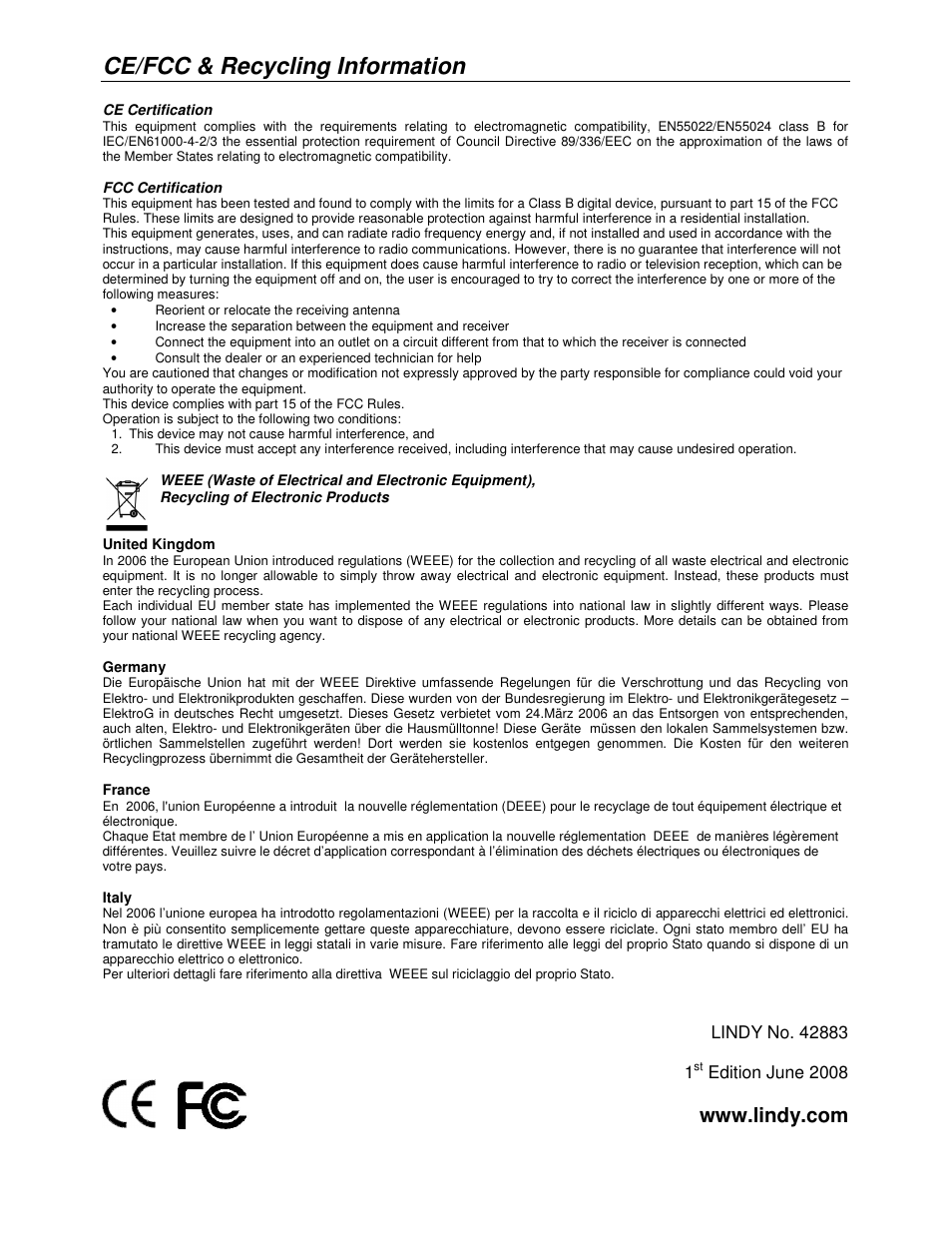 Ce/fcc & recycling information | Lindy USB to DVI-I Adapter 42883 User Manual | Page 8 / 8