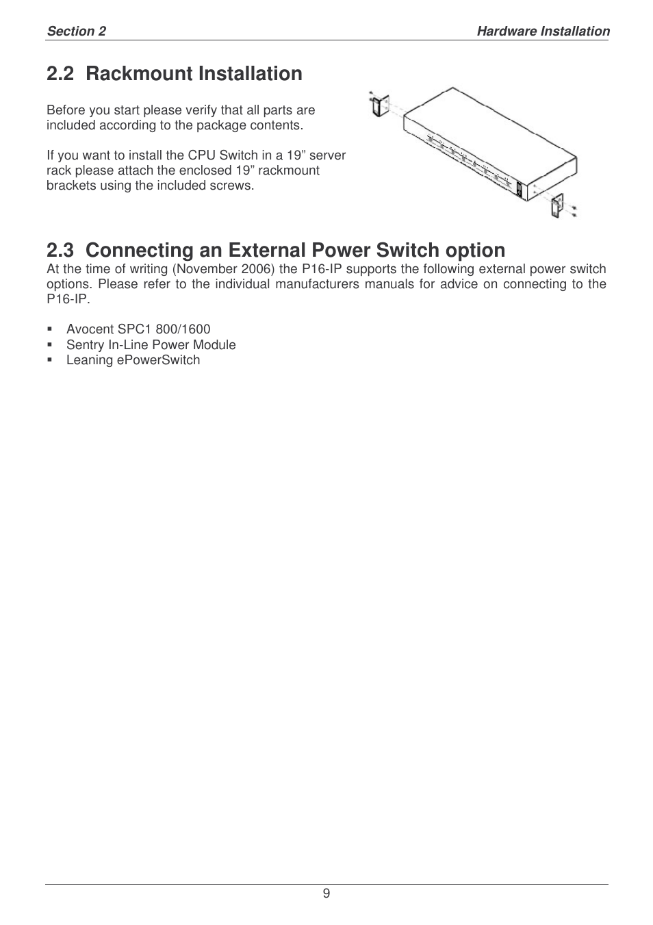 2 rackmount installation, 3 connecting an external power switch option | Lindy P16-IP User Manual | Page 10 / 77