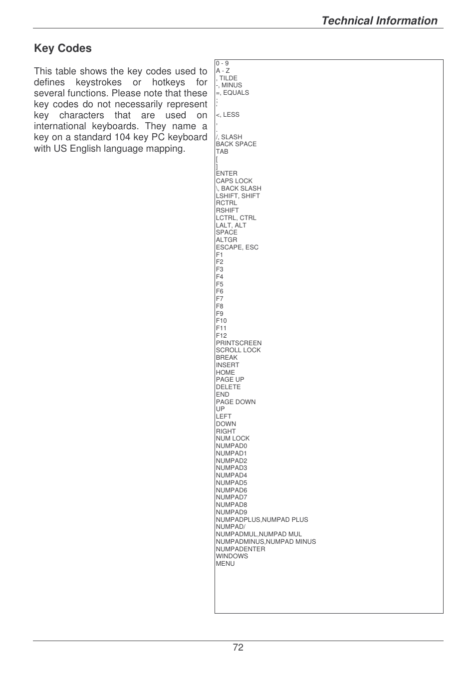 Technical information, Key codes | Lindy P16-IP User Manual | Page 73 / 77