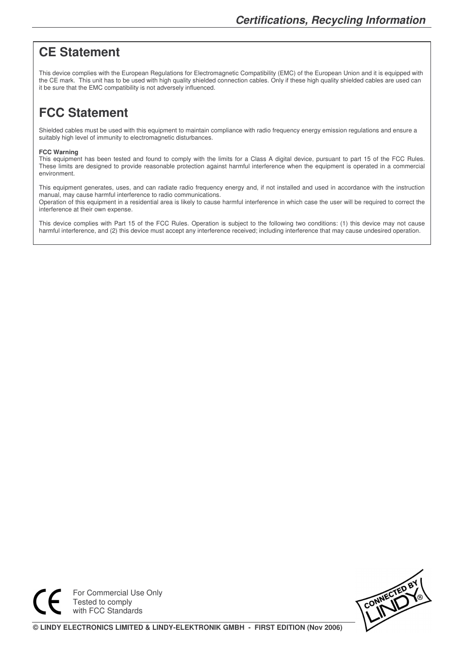 Ce statement, Fcc statement, Certifications, recycling information | Lindy P16-IP User Manual | Page 77 / 77