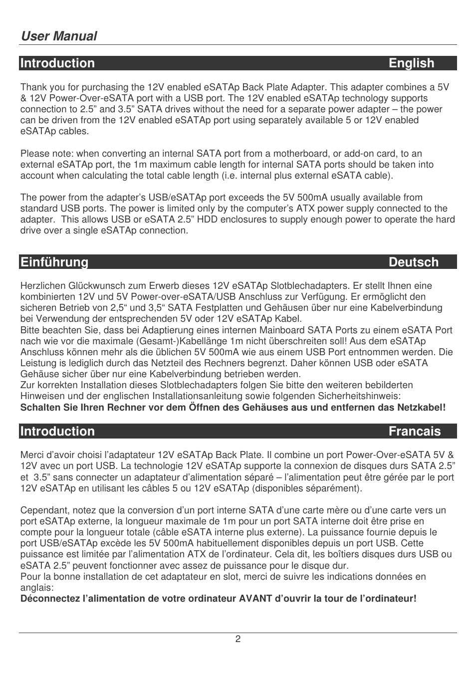 User manual, Introduction english, Einführung deutsch | Introduction francais | Lindy 70534 User Manual | Page 2 / 8