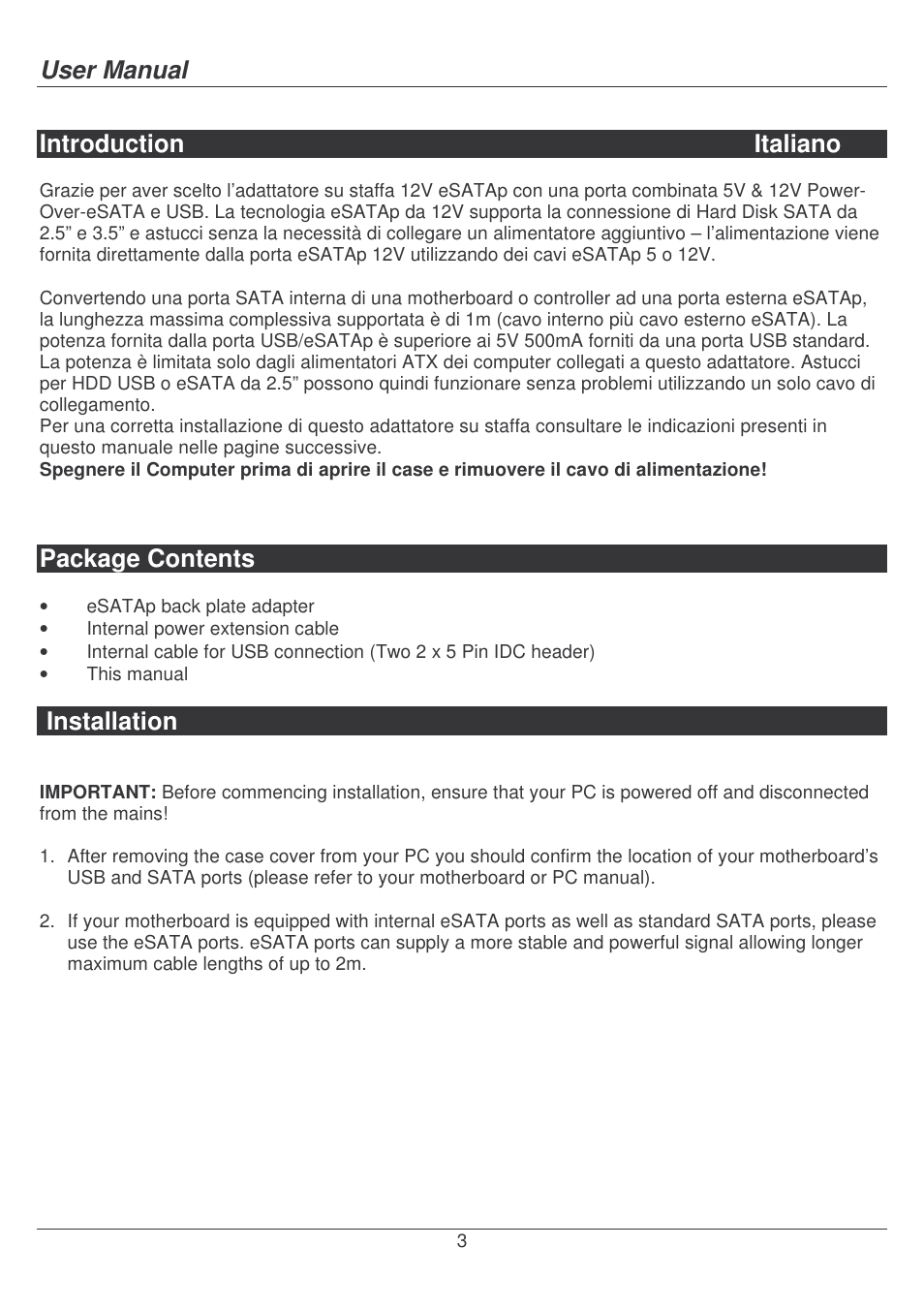 User manual, Introduction italiano, Package contents | Installation | Lindy 70534 User Manual | Page 3 / 8
