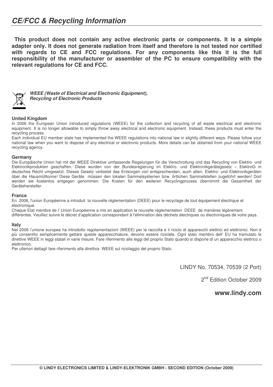 Ce/fcc & recycling information | Lindy 70534 User Manual | Page 8 / 8