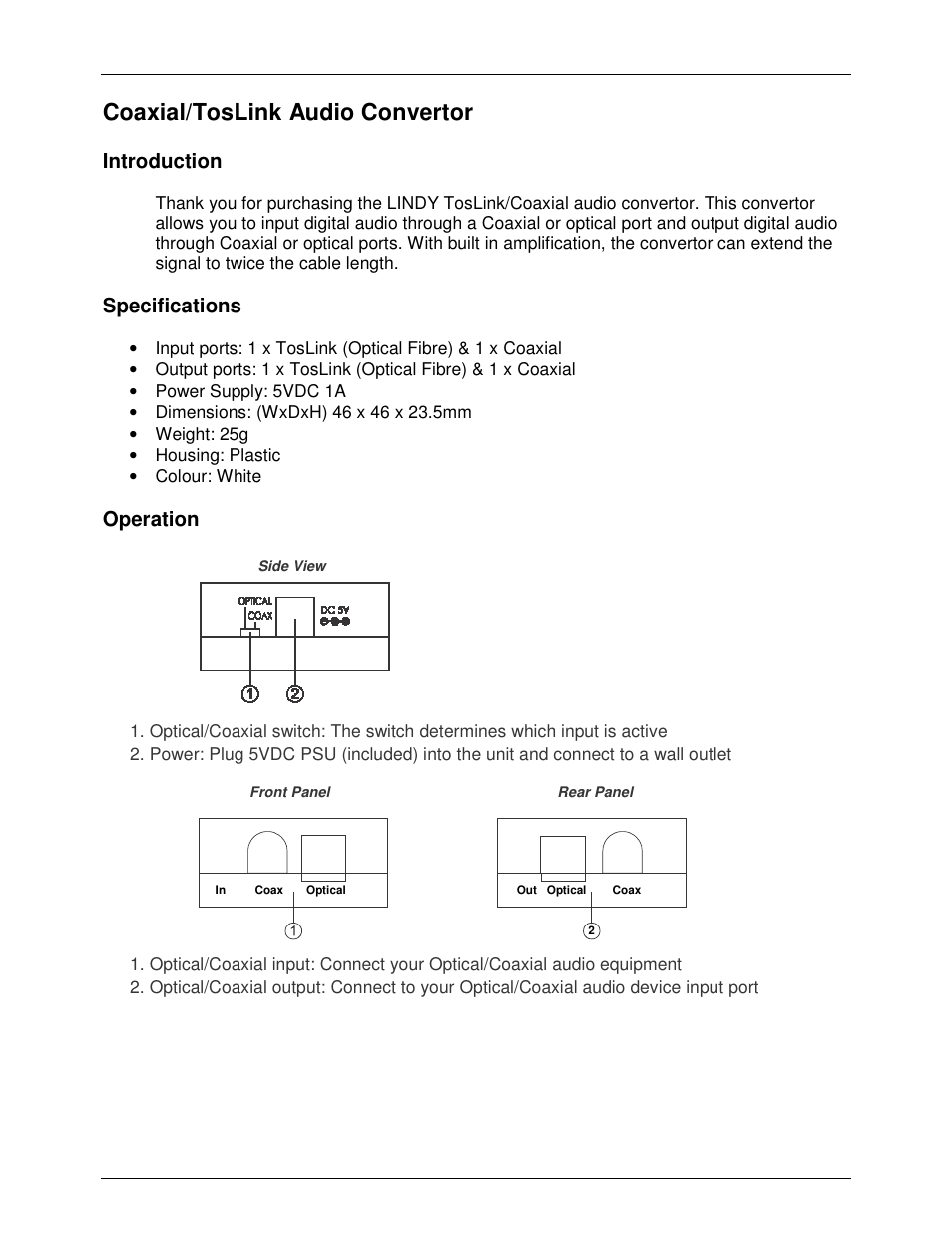 Coaxial/toslink audio convertor, Introduction, Specifications | Operation | Lindy 70411 User Manual | Page 3 / 4