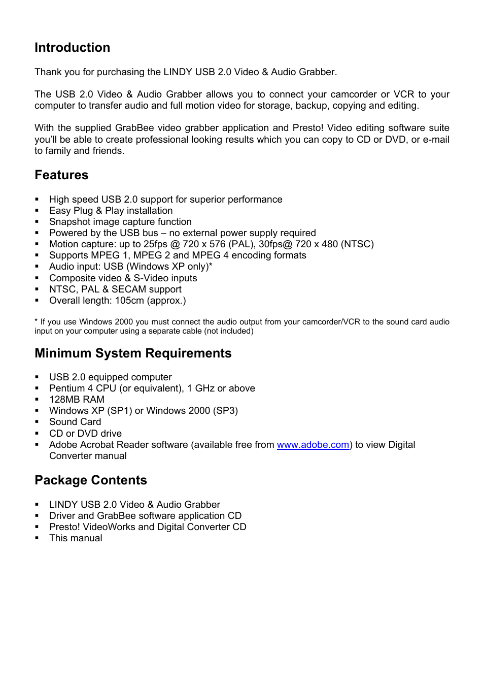 Introduction, Features, Minimum system requirements | Package contents | Lindy 42960 User Manual | Page 2 / 12