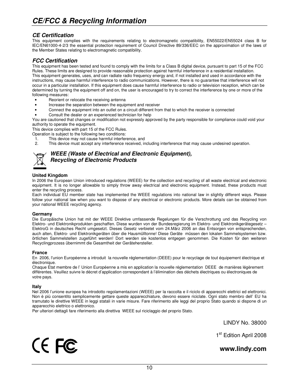 Ce/fcc & recycling information | Lindy 38000 User Manual | Page 12 / 12