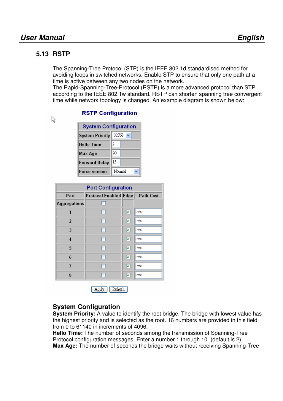 User manual english, 13 rstp, System configuration | Lindy 25004 User Manual | Page 15 / 24