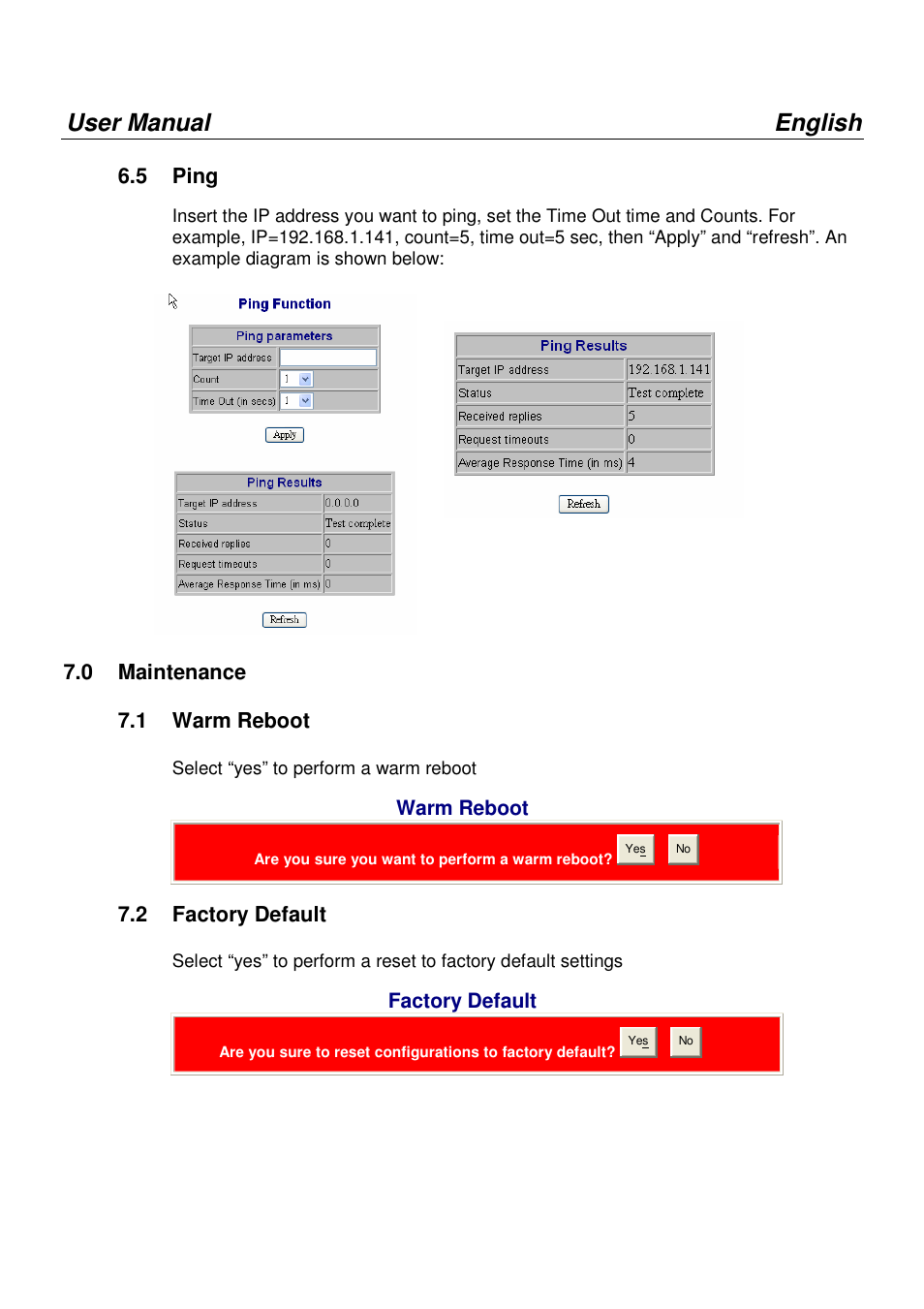 User manual english, 5 ping, 0 maintenance 7.1 warm reboot | Warm reboot, 2 factory default, Factory default | Lindy 25004 User Manual | Page 20 / 24