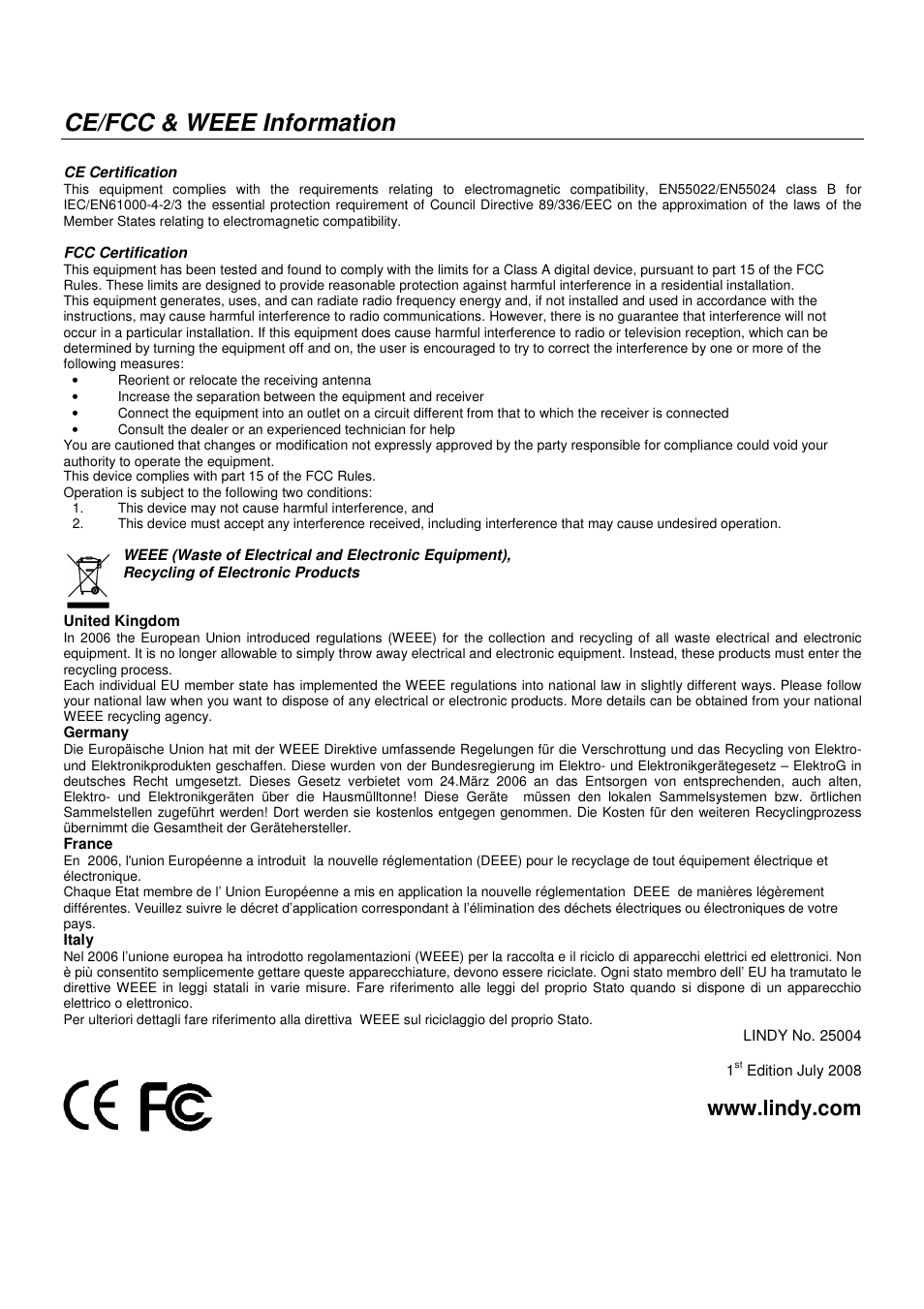 Ce/fcc & weee information | Lindy 25004 User Manual | Page 24 / 24
