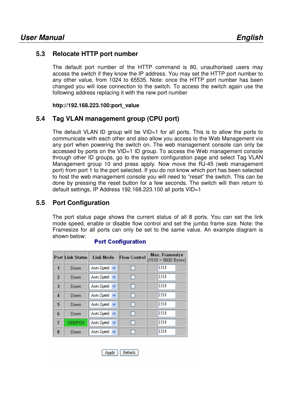 User manual english, 4 tag vlan management group (cpu port), 5 port configuration | Lindy 25004 User Manual | Page 6 / 24