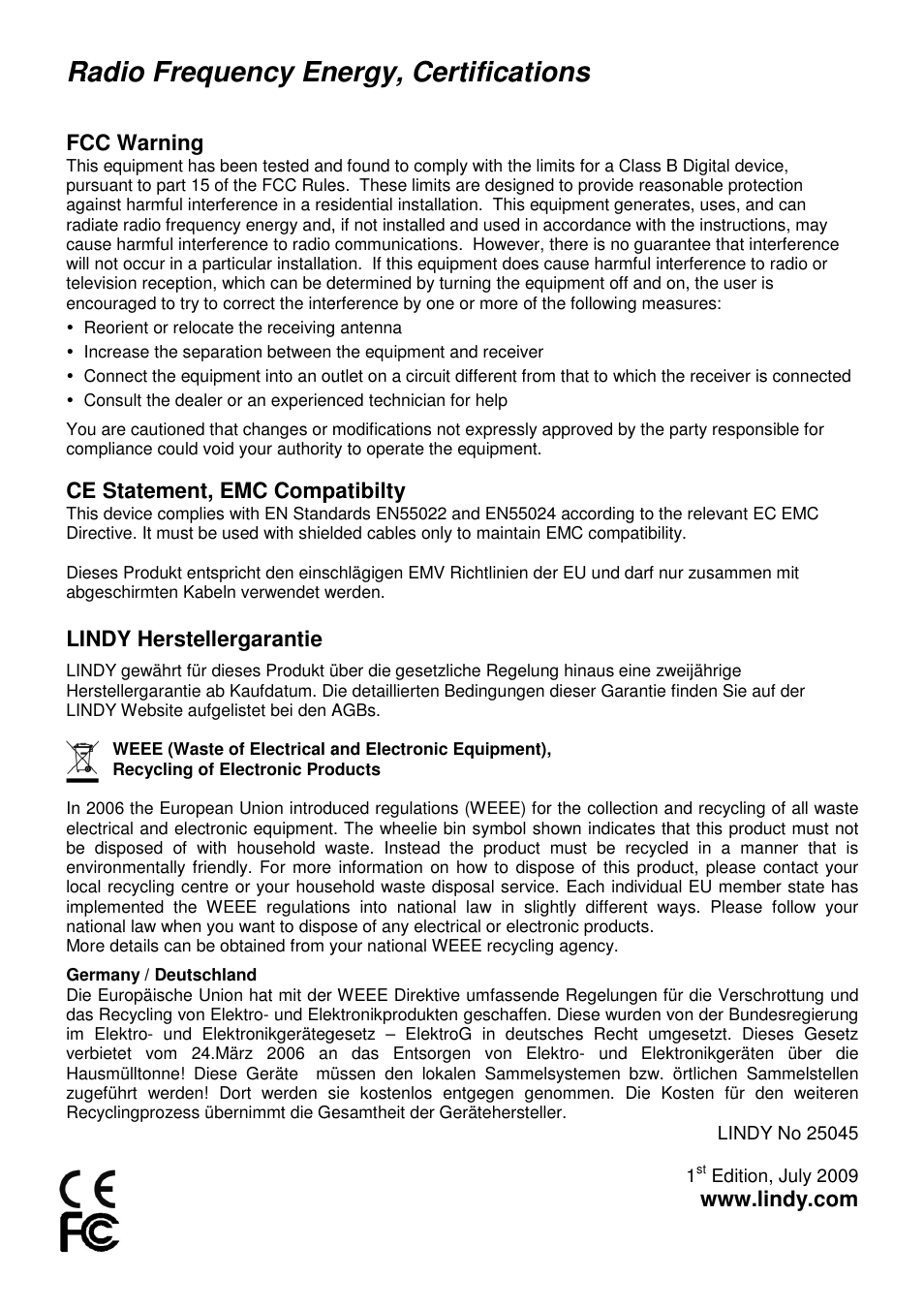 Radio frequency energy, certifications, Frequency energy, certifications, Fcc warning | Ce statement, emc compatibilty, Lindy herstellergarantie | Lindy 25045 User Manual | Page 6 / 6
