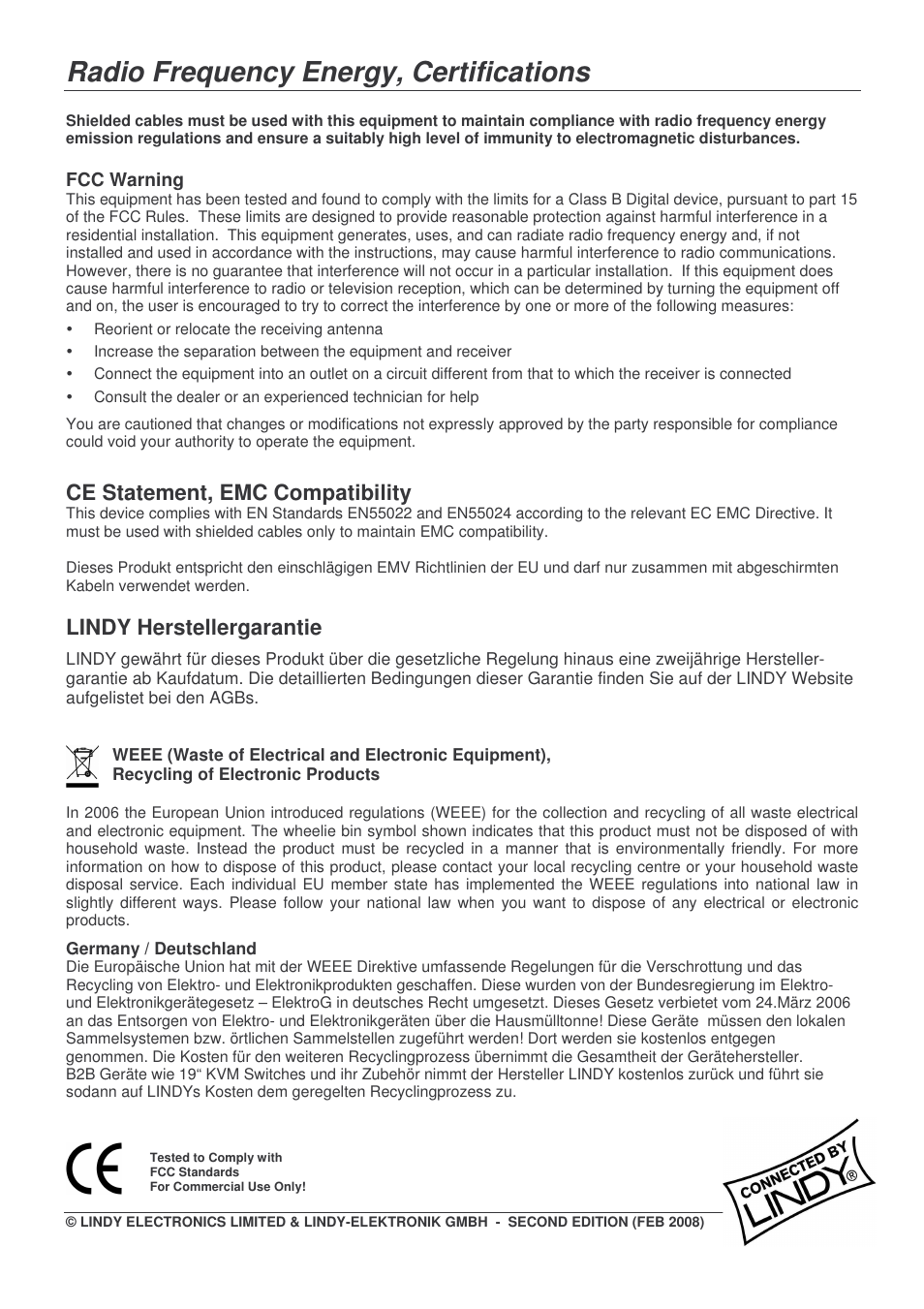 Radio frequency energy, certifications, Ce statement, emc compatibility, Lindy herstellergarantie | Lindy KVM EXTENDER 39356 User Manual | Page 10 / 10